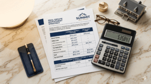 Financial and legal documents with a calculator and house model representing New York estate tax planning