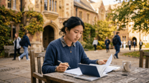 International student reviewing immigration documents on a university campus representing the DHS Duration of Status rule change and federal court injunction in 2026